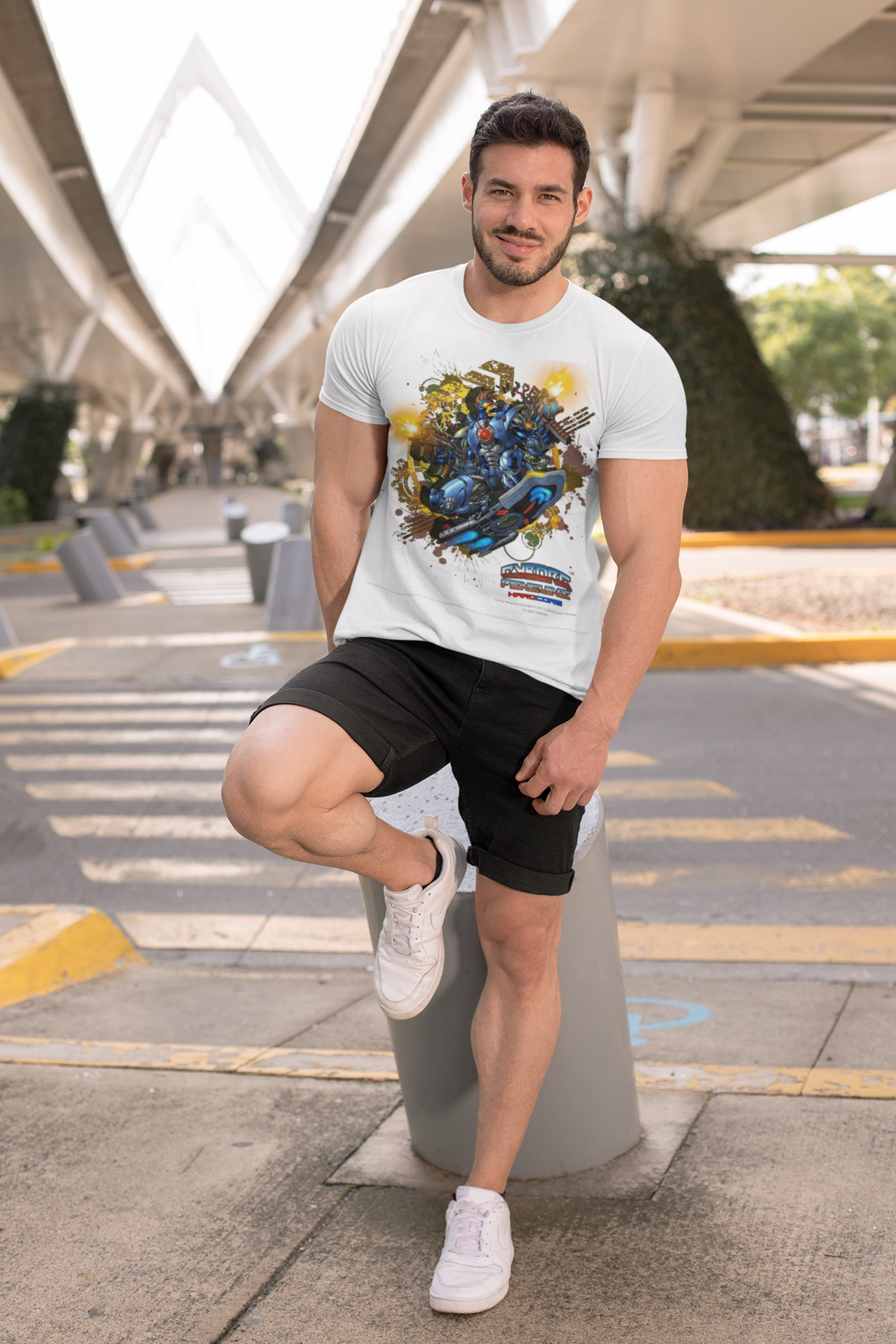 Mecha Warrior Surfboard Graphic T-Shirt — Futuristic Robot Skateboarding Tee