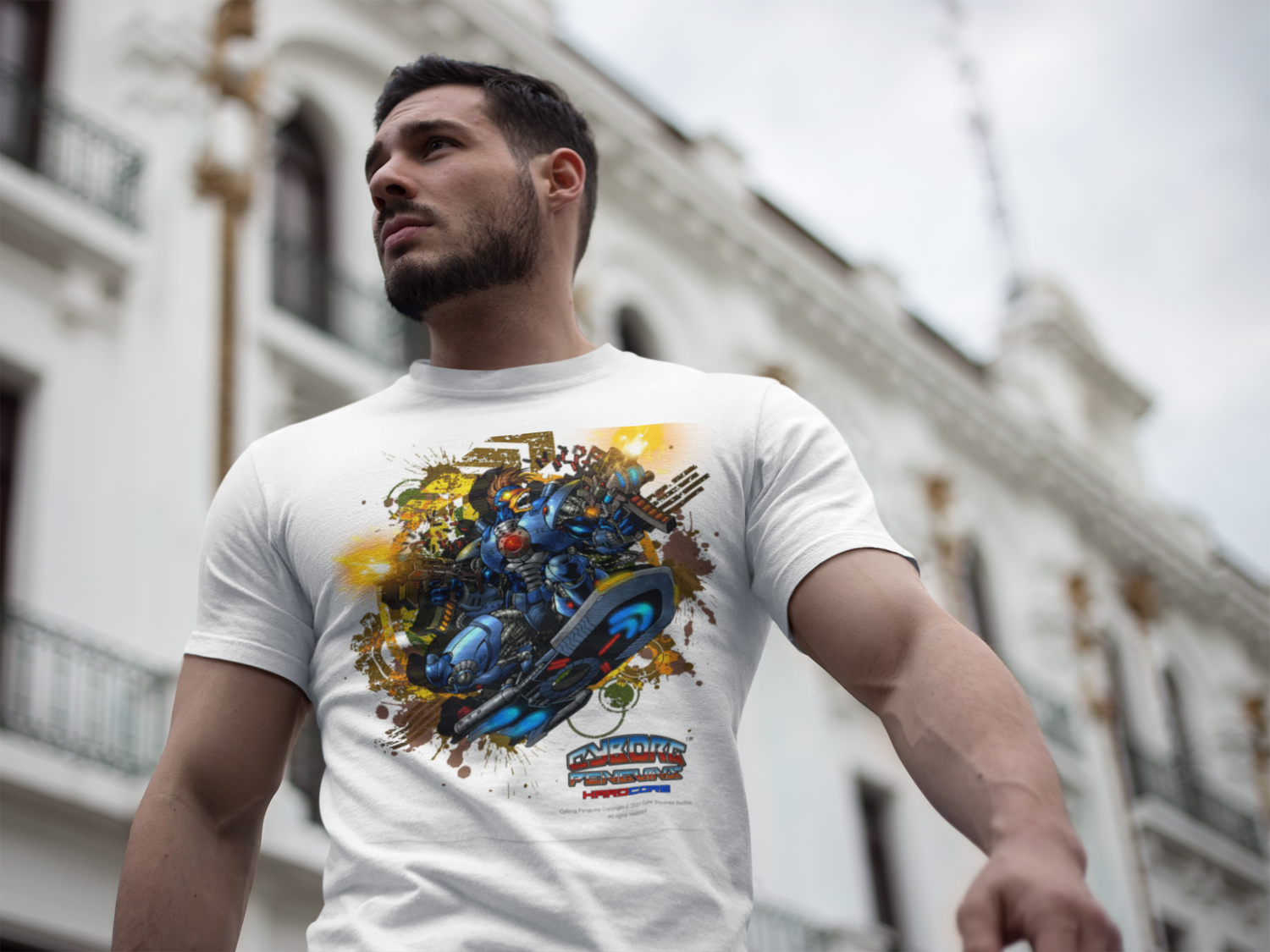 Mecha Warrior Surfboard Graphic T-Shirt — Futuristic Robot Skateboarding Tee