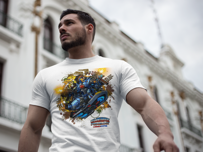 Mecha Warrior Surfboard Graphic T-Shirt — Futuristic Robot Skateboarding Tee