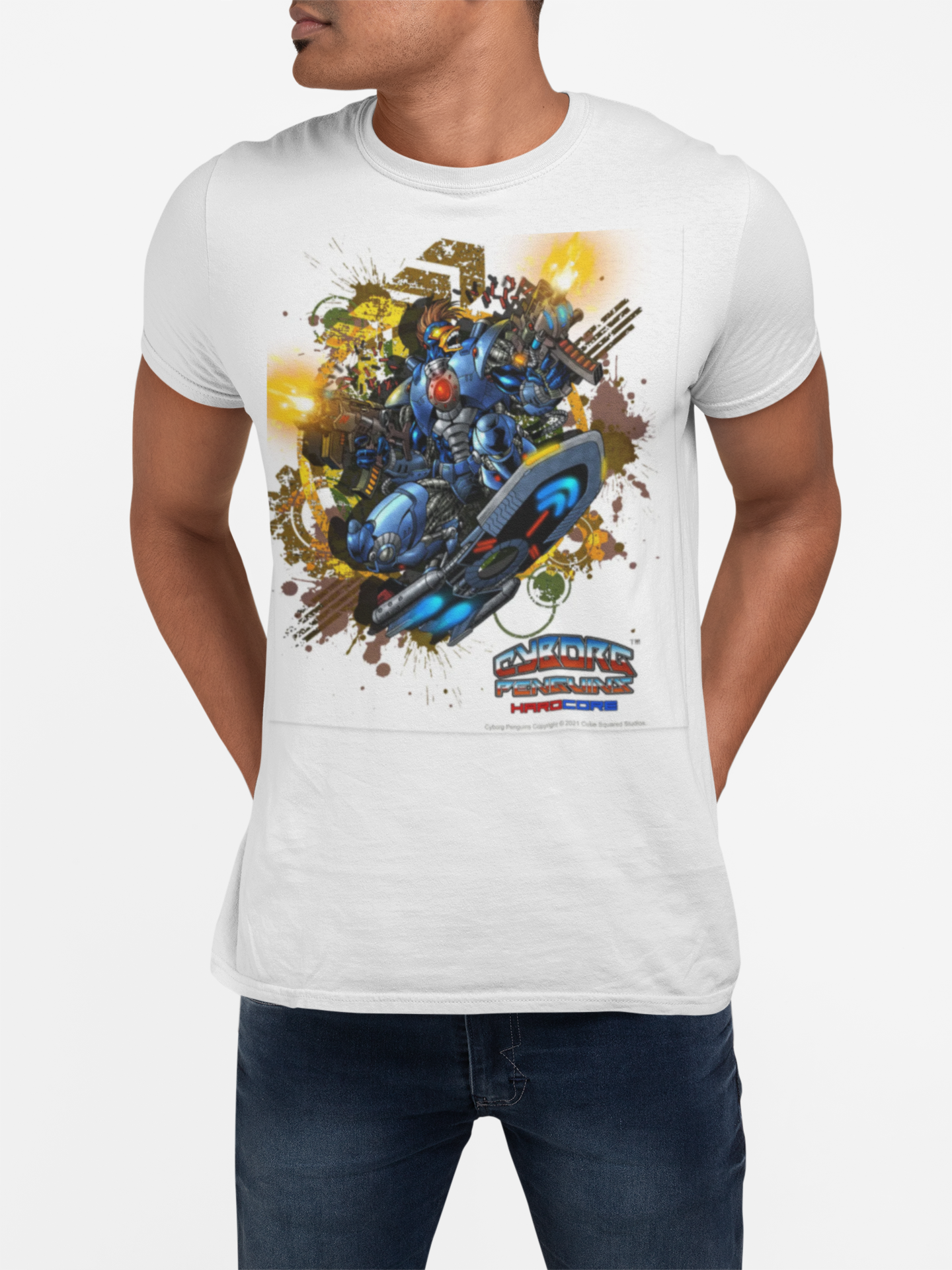 Mecha Warrior Surfboard Graphic T-Shirt — Futuristic Robot Skateboarding Tee